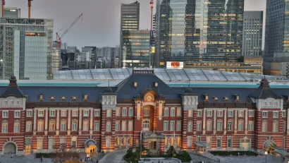 Red brick train station in Chiyoda City, Tokyo, Japan.