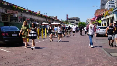 People walking at Pike Place Market, Seattle.