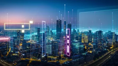 Visualization of data on dark city skyline.