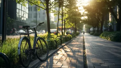 Bike parked on urban sidewalk with large street trees.