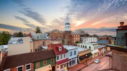 Aerial view of old buildings and government or church building with tall roof in Annapolis, Maryland.