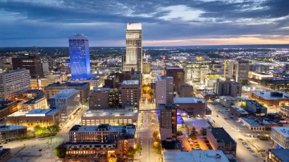 Downtown Omaha, Nebraska skyline at night.