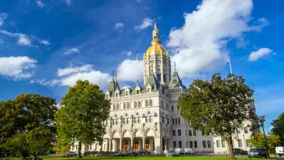 Ornate Connecticut state capitol building in Hartford, Connecticut.