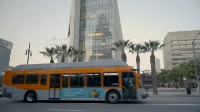 Los Angeles transit bus passing in front of LAPD headquarters in downtown Los Angeles.
