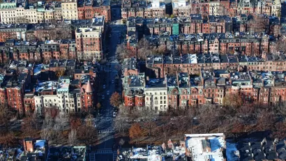 Aerial view of dense residential neighborhood in Back Bay, Boston, Massachusetts.