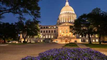 Mississippi state capitol dome at night with purple flowers in foreground in Jackson, Mississippi.
