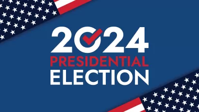 Graphic with blue background, flags, and text reading 2024 Presidential Election
