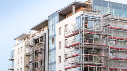 Multistory apartment building under construction.