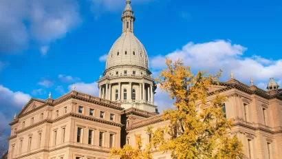 View of Michigan State Capitol dome in Lansing, Michigan.