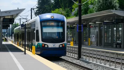 White Sound Transit Link light rail train at station in Bellevue, Washington.
