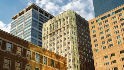 Looking up at office buildings from various eras in downtown Minneapolis, Minnesota.