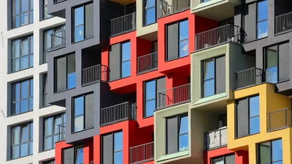 Colorful blocky apartment building facade.