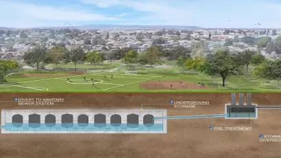 Rendering of underground stormwater capture system in Adventure Park in Whittier, California