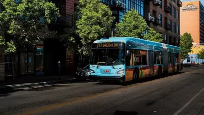 Blue bus in downtown Albuquerque, New Mexico.