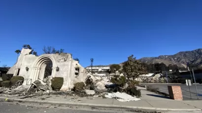 Destroyed Altadena Community Church facade after Eaton Fire in Altadena, California.