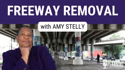 Graphic with photo of Amy Stelly superimposed on image of Claiborne Expressway elevated freeway in New Orleans, Louisiana