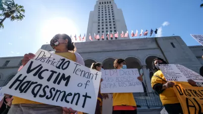 Tenants' rights rally in front of Los Angeles City Hall, June 2021