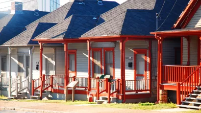 Sweet Auburn neighborhood of Atlanta, a historic district once home to wealthy African American families, stand in a row in the King Historic District