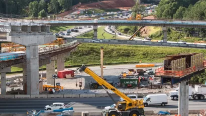 Wide shot of bridge overpasses under construction at the intersection of GA 400 and I-285 on July 22, 2019 in Atlanta, GA.