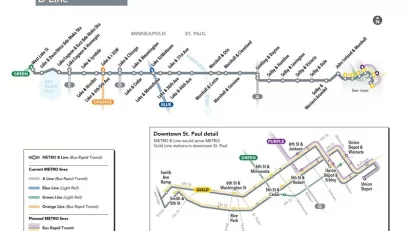 A system map of the B Line shows the route and stops where the bus rapid transit route cuts across Minneapolis and St. Paul, Minnesota.
