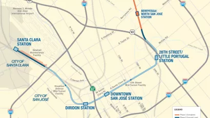 A map of San Jose showing the route of the planned BART Silicon Valley Phase II Extension.