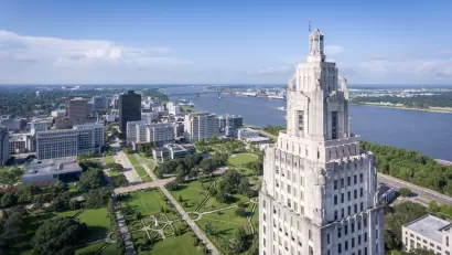 View of Louisiana state capitol building and downton Baton Rouge, LA