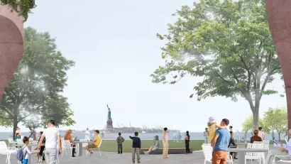Rendering of pedestrian promenade in Battery Park City with Statue of Liberty visible in background.