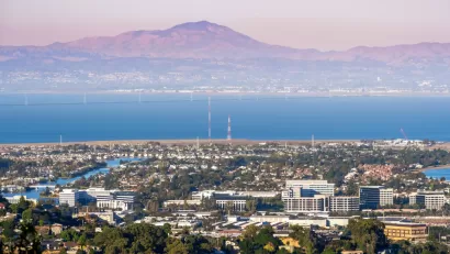 The San Francisco Bay Area is visible from San Carlos, across the bay to the East Bay. Mount Diablo looms in the background.