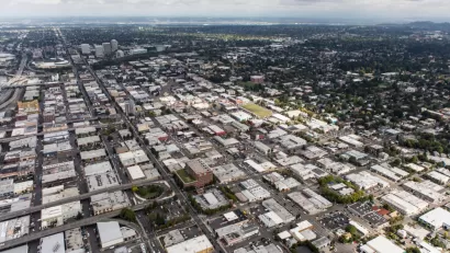 An aerial image of the neighborhood of Buckman in Portland, Oregon.
