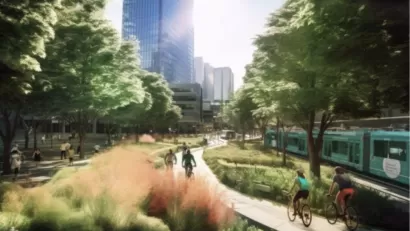 Ai generated image of greenway with transit line adjacent
