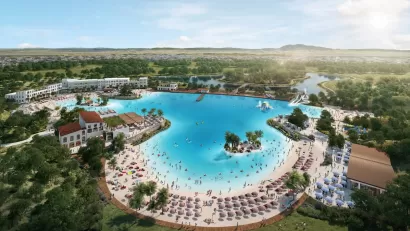 Rendering of large 'lagoon' pool in California Forever planned development.
