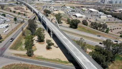 Aerial view of Cedar Viaduct under construction for California high-speed rail train in Fresno, California.