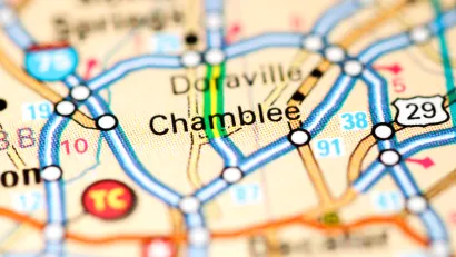A map depicting the location of Chamblee, Georgia as well as surrounding cities and roads.