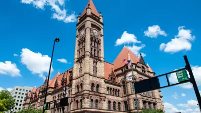 The exterior of Cincinnati City Hall on a sunny day.