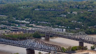 Three bridges span the Ohio River between Covington and Cincinnati.