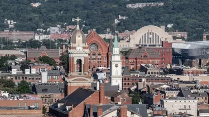 A view over the tops of the historic brick buildings of Cincinnati.