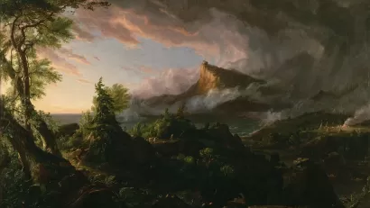 Pastoral landscape painting by Thomas Cole depicting pre-colonized idyllic scene