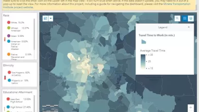 A map showing a heat map that represents commute times in an urban area.