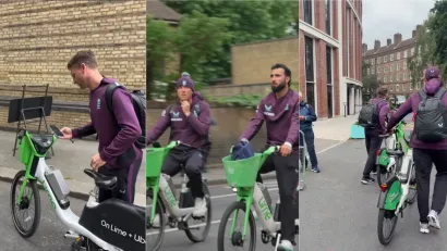 Collage of three photos of Team England cricket players taking green Lime bike share bikes to a game.