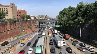 View from overpass of traffic on Cross Bronx Expressway in New York City.