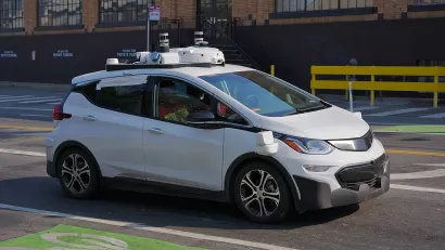 White Cruise autonomous vehicle on street in San Francisco, California.