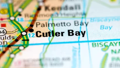 A map highlights Cutler Bay, located in South Florida along the Atlantic coast.
