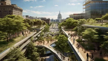 A futuristic reimagining of a D.C. street with green pathways and open waterways instead of car-filled streets.