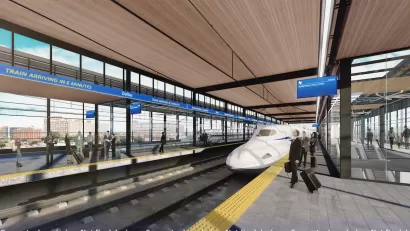 Rendering of Texas Central high-speed rail train stopped at covered platform in Dallas, Texas