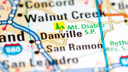 A map highlighting Danville, California, a city located along Interstate 680 in the East Bay Area.