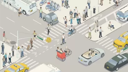 Graphic of busy city intersection with crosswalk, cars, people, and bike share station.