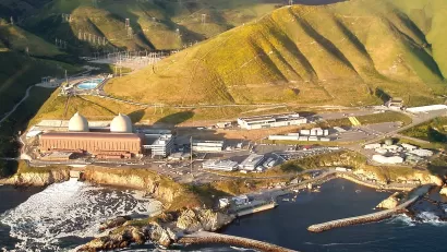 Aerial view of Diablo Canyon Nuclear Power Plant on the Pacific coast in San Luis Obispo County, California.