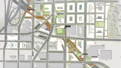 Map of proposed freeway cap over Atlanta freeway