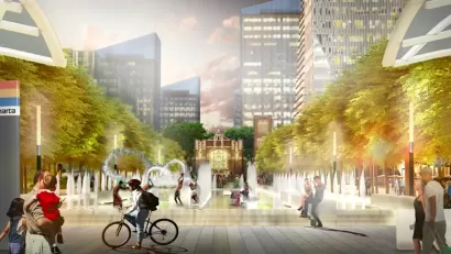 Rendering of pedestrians and cyclists in Hospital Square surrounded by buildings and trees