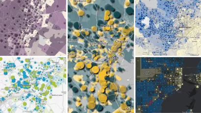 Collage of 5 GIS maps from the ESRI American Community Survey (ACS) Atlas Collection.